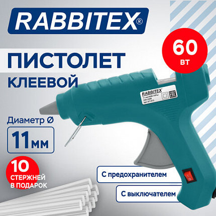 Клеевой пистолет 60 Вт, 11 мм, (предохранитель, антикапля, индикатор), 10 стержней, зеленый, RABBITEХ (РАББИТЕКС), 671472