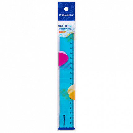 Линейка пластиковая 20 см BRAUBERG "FRUITY", тонированная, ассорти, 210766