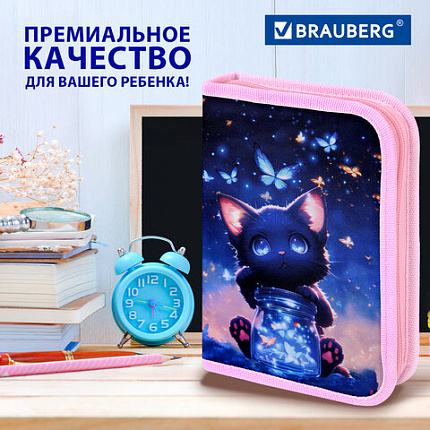 Пенал BRAUBERG с наполнением, 1 отделение, 1 откидная планка, 24 предмета, 21х14 см, "Кот с бабочками", 273530