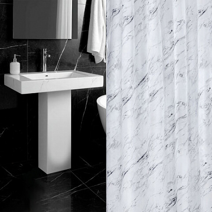 Шторка для ванной ПОЛИЭСТЕР, 180х200 см, кольца в комплекте, БЕЛЫЙ МРАМОР, PRIMILA (ПРИМИЛА), 700084