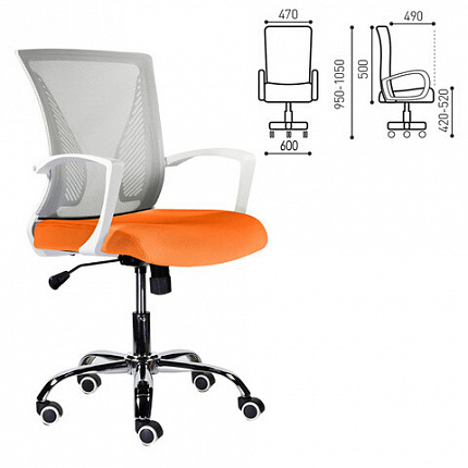 Кресло BRABIX "Wings MG-306", пластик белый, хром, сетка, серое/оранжевое, 532011