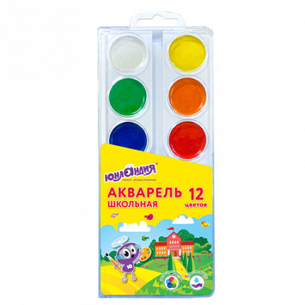 Краски акварельные ЮНЛАНДИЯ "ШКОЛЬНЫЕ" 12 цветов, медовые, круглые кюветы, 192551