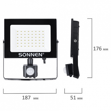 Прожектор светодиодный с датчиком движения 50 Вт, 6500 К, 4000 Лм, 50 м2, IP65, 187х176х51 мм, черный, SONNEN, 238418