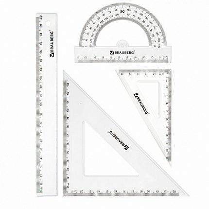 Набор чертежный BRAUBERG (линейка 20 см, 2 треугольника, транспортир), прозрачный, 210853