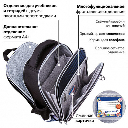Ранец BRAUBERG QUADRO, 3 отделения, с брелоком, "Спортивная машина", ЛАМПОЧКИ, 37х28х18 см, 271359