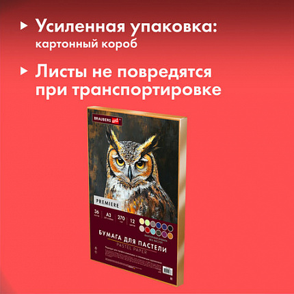 Бумага для пастели ФАКТУРНАЯ А3 в коробке, 36 листов 12 цветов, 270 г/м2, BRAUBERG AR, 117760