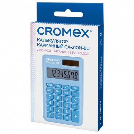 Калькулятор карманный CROMEX (КРОМЕКС) CX-210N-BU (96х62 мм), 8 разрядов, двойное питание, голубой, 273835