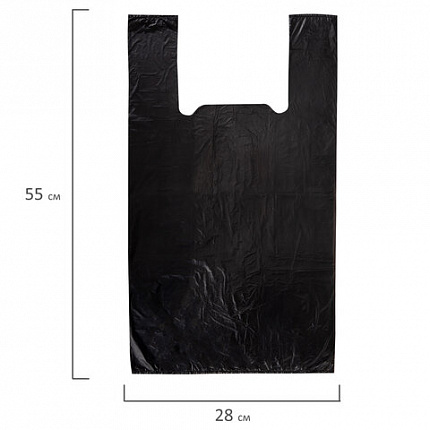 Пакет "майка" КОМПЛЕКТ 100 штук, 28+15х55, ПНД черный, 15 мкм, LAIMA, 700788