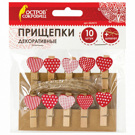 Прищепки декоративные "Сердечки", 10 штук, 3,5 см, ассорти, со шпагатом, ОСТРОВ СОКРОВИЩ, 662674