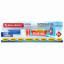 Клей-гель моментальный (суперклей) BRAUBERG "EXTRA", 3 г, УЛЬТРАПРОЧНЫЙ, отрывная мультикарта, 608103