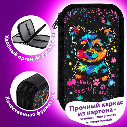 Пенал ЮНЛАНДИЯ, 3 отделения, картон с эффектом soft-touch, 19х11 см, "True friend", 272266