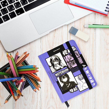 Блокнот с резинкой в клетку 96 л., МАЛЫЙ ФОРМАТ А6, 109х148 мм, твердая обложка, BRAUBERG, "Anime", 116336