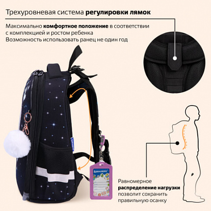 Ранец BRAUBERG PREMIUM, 2 отделения, с брелоком, "Белый котенок", СВЕТЯЩИЙСЯ, 38х29х16 см, 274392