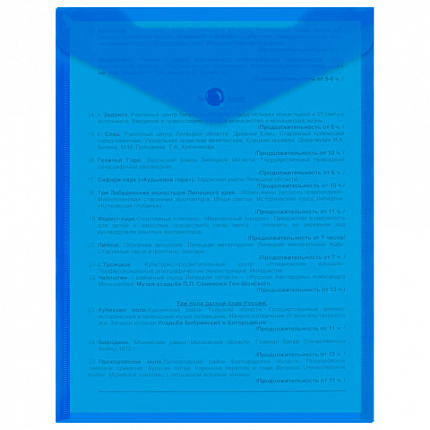 Папка-конверт с кнопкой прозрачная А4 BRAUBERG UNIVERSAL, вертикальная, синяя, 0,15 мм, 273076