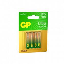 Батарейки КОМПЛЕКТ 4 шт., GP Ultra G-Tech, AAA (LR03, 24А), алкалиновые, мизинчиковые, 24AUA21-2CRSBC4