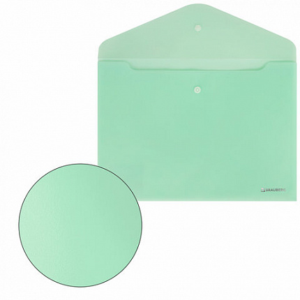 Папка-конверт с кнопкой BRAUBERG "Pastel", А4, матовая непрозрачная, мятная, ПРОЧНАЯ 0,2 мм, 272883