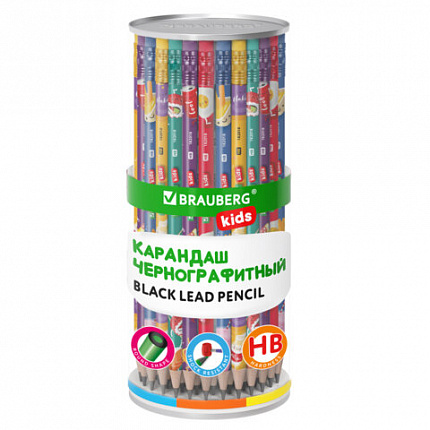 Карандаш чернографитный BRAUBERG KIDS "FOOD", 1 шт, HB, с ластиком, корпус ассорти, 182018