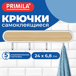 Крючки самоклеящиеся 24х6,8 см, 4 шт. на планке, пластик + металл, цвет под дерево, PRIMILA (ПРИМИЛА), 702362