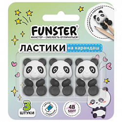 Ластик-топпер для карандаша FUNSTER (ФАНСТЕР) "ПАНДЫ", НАБОР 3 ШТУКИ, блистер, 274012