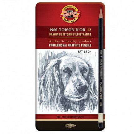 Карандаши чернографитные KOH-I-NOOR, НАБОР 12 шт., "Toison D'or", 8B-2H, без резинки, металлическая коробка, 1912012001PLRU