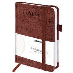 Ежедневник датированный 2026 МАЛЫЙ ФОРМАТ 100х150 мм, А6, BRAUBERG "Wood", под кожу, коричневый, 117263