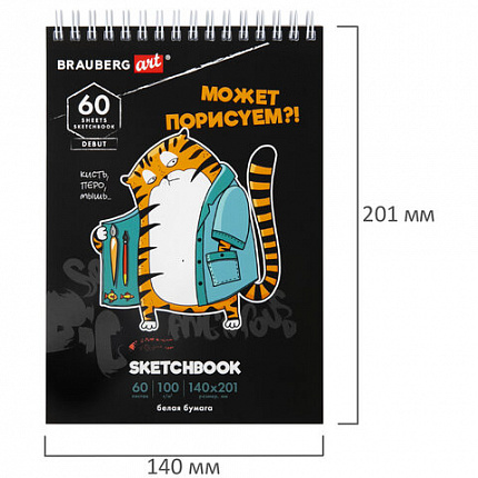 Скетчбук, белая бумага 100 г/м2, 140х201 мм, 60 л., гребень, подложка, BRAUBERG ART, "Порисуем", 115063