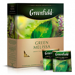 Чай GREENFIELD "Green Melissa" зеленый с мятой и мелиссой, 100 пакетиков в конвертах по 1,5 г, 0879