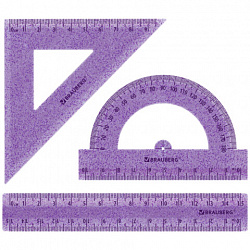 Набор чертежный BRAUBERG (линейка 15 см, треугольник, транспортир), фиолетовый, блестки, прозрачный, пенал, 210891