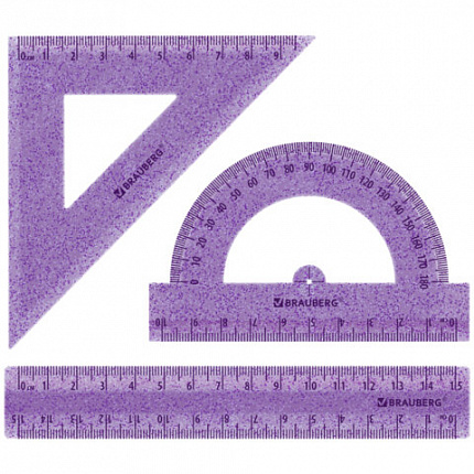 Набор чертежный BRAUBERG (линейка 15 см, треугольник, транспортир), фиолетовый, блестки, прозрачный, пенал, 210891