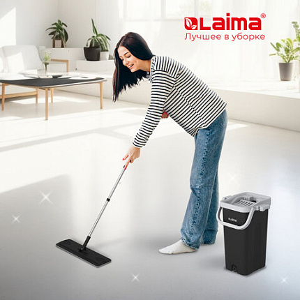 Швабра с отжимом и ведром 10л/7л двухкамерное, 2 насадки микрофибра, карманы с 2-х сторон, рукоятка 134-154см черный AltaMop L, LAIMA,609151