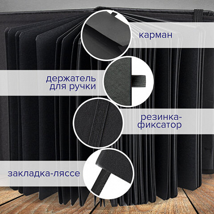 Скетчбук, черная бумага 140 г/м2 90х140 мм, 80 л., КОЖЗАМ, резинка, карман, BRAUBERG ART, черный, 113201
