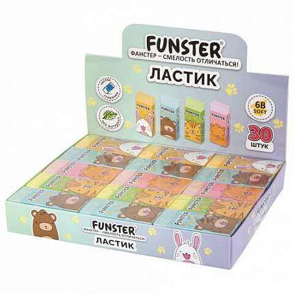 Ластик FUNSTER (ФАНСТЕР) "ANIMALS", 50х24х10 мм, прямоугольный, картонный держатель, экологичный ПВХ, ассорти, 272730