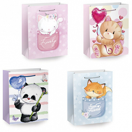 Пакет подарочный (1 штука) 26х13х32см (L) "Lovely Animals", ассорти, глиттер, ЗОЛОТАЯ СКАЗКА, 700816