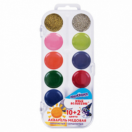 Краски акварельные ЮНЛАНДИЯ "ЮНЫЙ ВОЛШЕБНИК", медовые, 10+2 цвета (золото+серебро), круглые кюветы, пластик, 192360