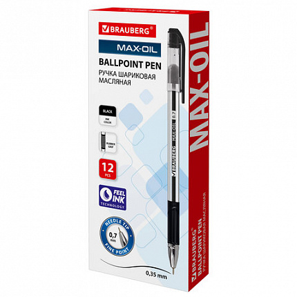 Ручка шариковая масляная с грипом BRAUBERG "Max-Oil", ЧЕРНАЯ, игольчатый узел 0,7 мм, линия письма 0,35 мм, 142142