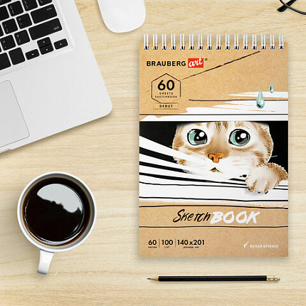 Скетчбук, белая бумага 100 г/м2, 140х201 мм, 60 л., гребень, жёсткая подложка, BRAUBERG ART, "Котик!, 115062