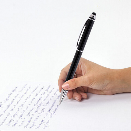 Ручка-стилус SONNEN для смартфонов/планшетов, СИНЯЯ, корпус черный, серебристые детали, линия письма 1 мм, 141589