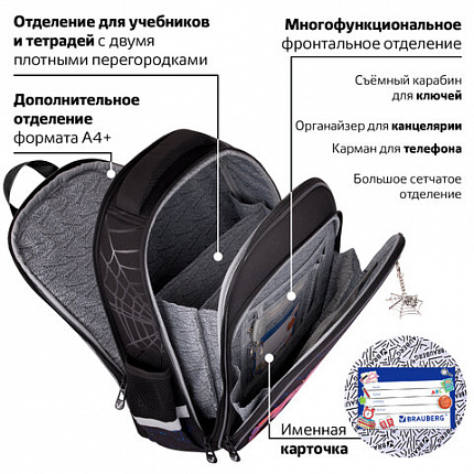 Ранец BRAUBERG QUADRO, 3 отделения, с брелоком, "Огненный паук", 37х28х18 см, 273106