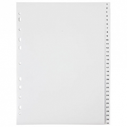 Разделитель пластиковый ОФИСМАГ, А4, 31 лист, цифровой 1-31, оглавление, серый, РОССИЯ, 225605