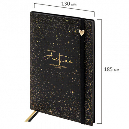 Блокнот B6 130x184мм BRAUBERG "Stellar", под кожу, 80 листов, фольга, резинка, клетка, черный, 118652