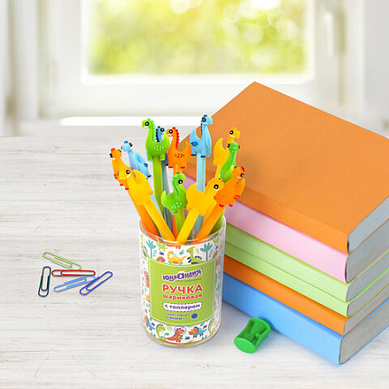 Ручка с топпером шариковая ЮНЛАНДИЯ "Динозаврик", корпус ассорти, СИНЯЯ, пишущий узел 0,7 мм, 143809