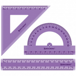 Набор чертежный BRAUBERG (линейка 15 см, треугольник, транспортир), фиолетовый, прозрачный, пенал, 210888