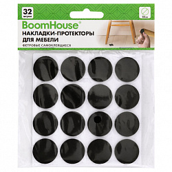 Накладки-протекторы для мебели ФЕТРОВЫЕ самоклеящиеся, d=25 мм, черные, КОМПЛЕКТ 32 шт., BOOMHOUSE (БУМХАУС), 701819