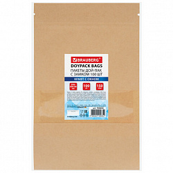 Пакеты дой-пак с замком ZIP LOCK, крафт с окном 60 мм, 200х300 + 50 мм, КОМПЛЕКТ 100 штук, 150 мкм, BRAUBERG, 700694