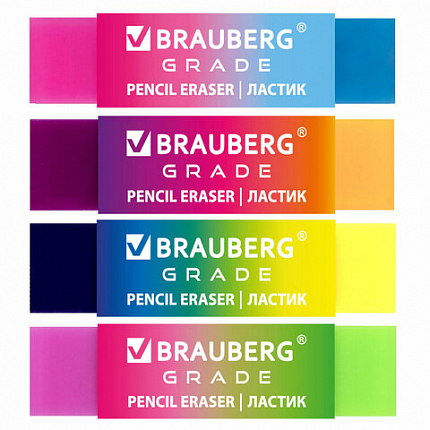 Ластик полупрозрачный BRAUBERG "Grade", 60x15x10 мм, картонный держатель, цвет ассорти, 271997