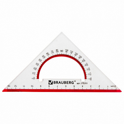 Треугольник пластиковый, угол 45, 13 см, BRAUBERG "Crystal", с транспортиром, прозрачный, с выделенной шкалой, 210293