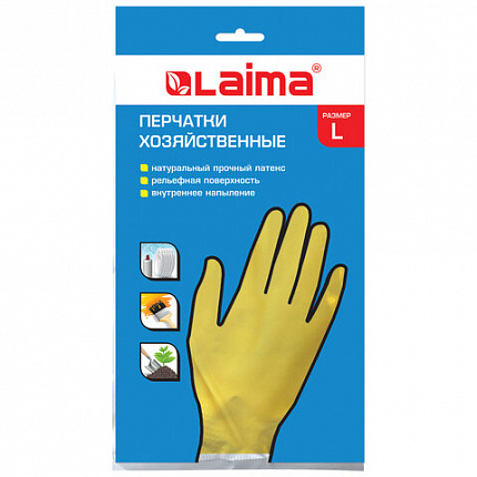 Перчатки МНОГОРАЗОВЫЕ латексные LAIMA "СТАНДАРТ", хлопчатобумажное напыление, ПЛОТНЫЕ, размер 8-9, L (большой), желтые, вес 44 г, 600270