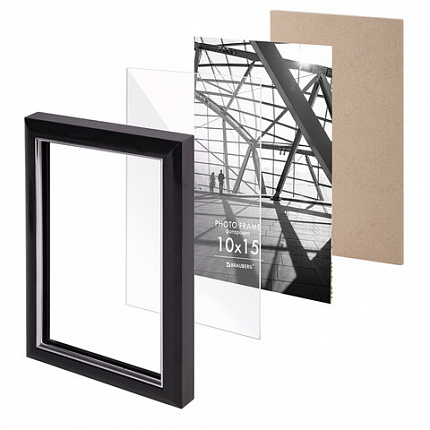 Рамка 10х15 см небьющаяся, багет 14,6 мм, пластик, BRAUBERG "Original Line", черная/серебро, 391233