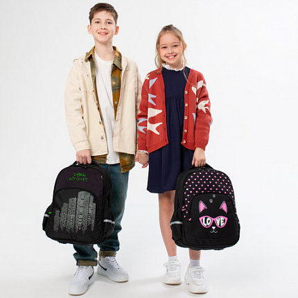 Рюкзак BRAUBERG SOFT, 2 отделения, 3 кармана, "Cool cat", СВЕТЯЩИЙСЯ, 40х31х15 см, 273118