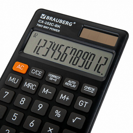 Калькулятор карманный BRAUBERG CX-102C-BK (76x126 мм), 12 разрядов, двойное питание, ЧЕРНЫЙ, 272647